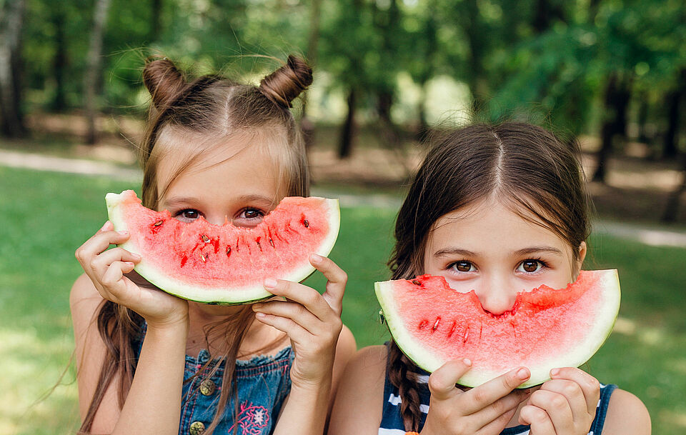 Two cute little girls eating watermelon in park in summertime